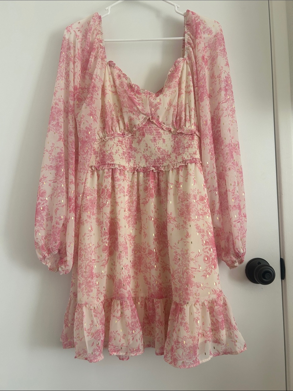 Altar'd State Cream and Pink Floral Smocked Dress with Long Sleeves